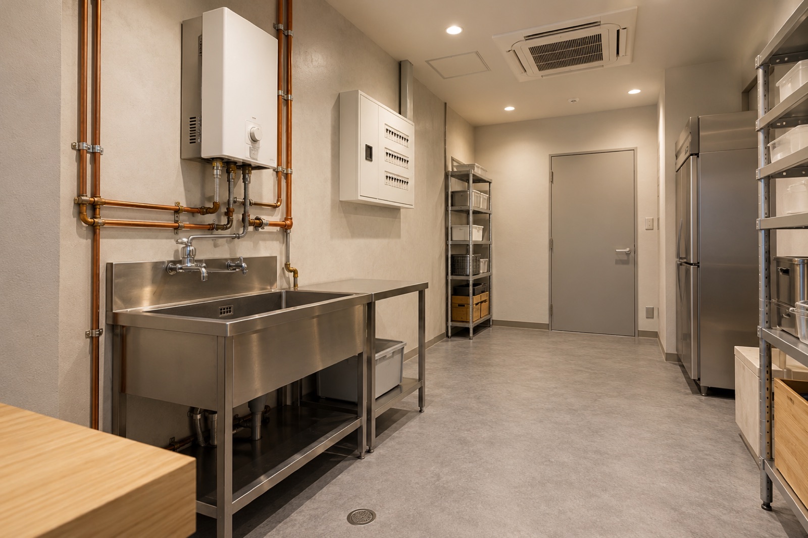 給排水と電気の設備を確認する店舗の裏側のイメージ